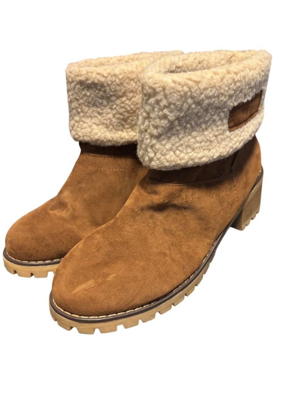Faux Suede Fleece Lined Winter Ankle Boots Brown Beige Sz 39 Snow Outerwear
